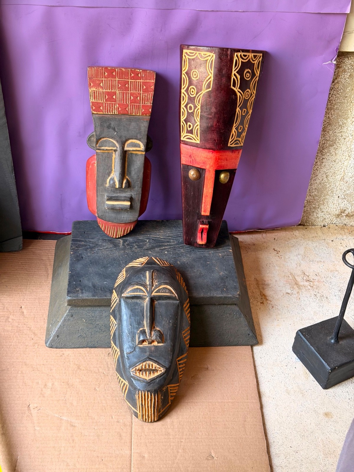 Set of 3 Vintage African Wood Masks – Large Hand Carved Wall Decor 15.3″