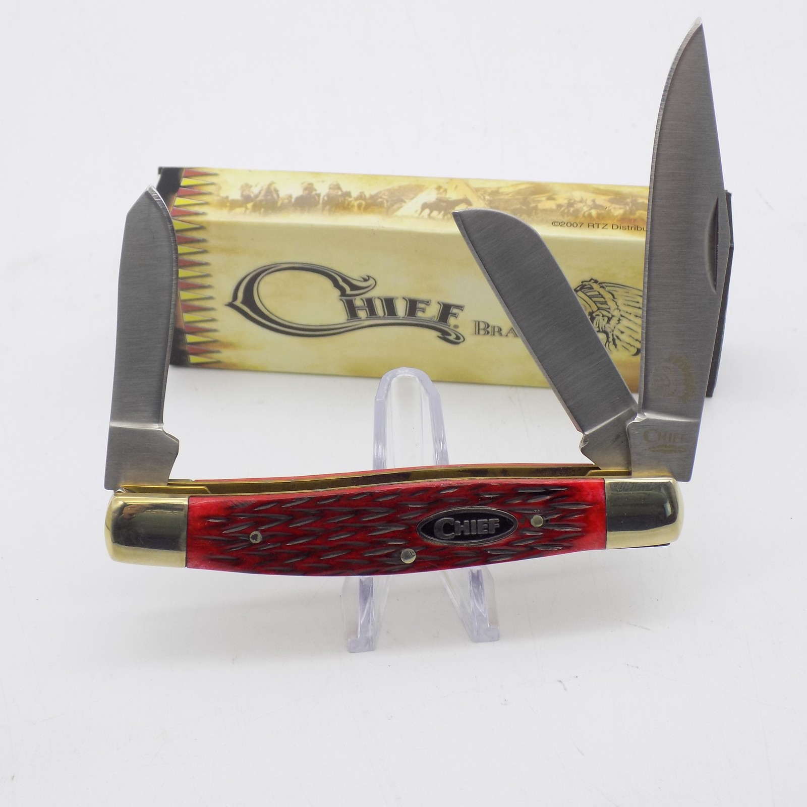 Chief Brand CF0107 Red Jigged Bone Stockman Folding Pocket Knife Stainless NIB