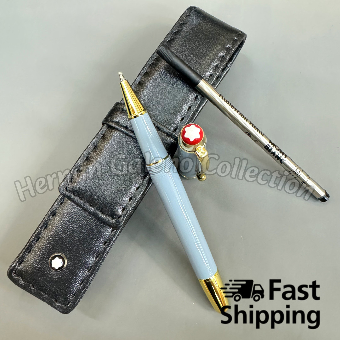 Montblanc Meisterstück 163 Rollerball Pen Light Blue Gold Trim w/ Leather Pouch