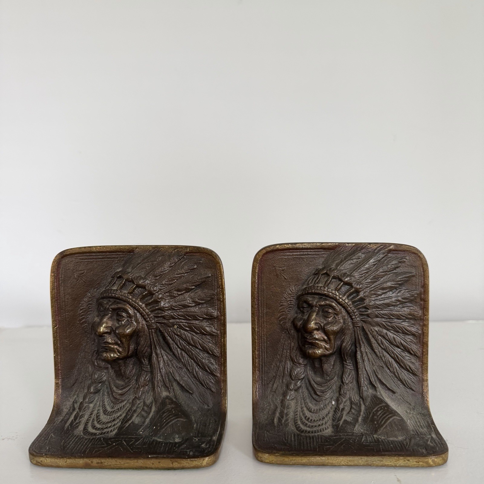 Vintage Native American Chief Bookends Heavy Solid Bronze Doorstop Monogram