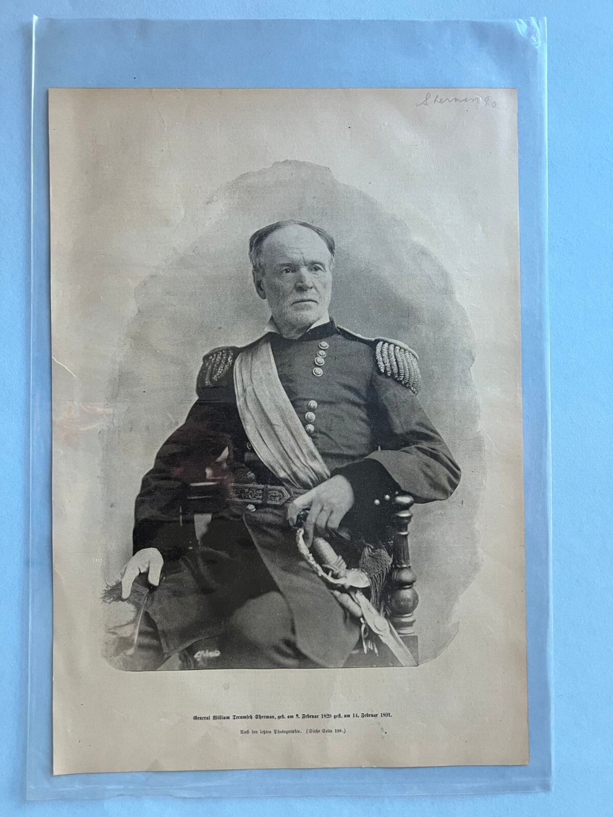 Frank Leslie’s Newspaper 1891 Full-Page Print Portrait General William T Sherman