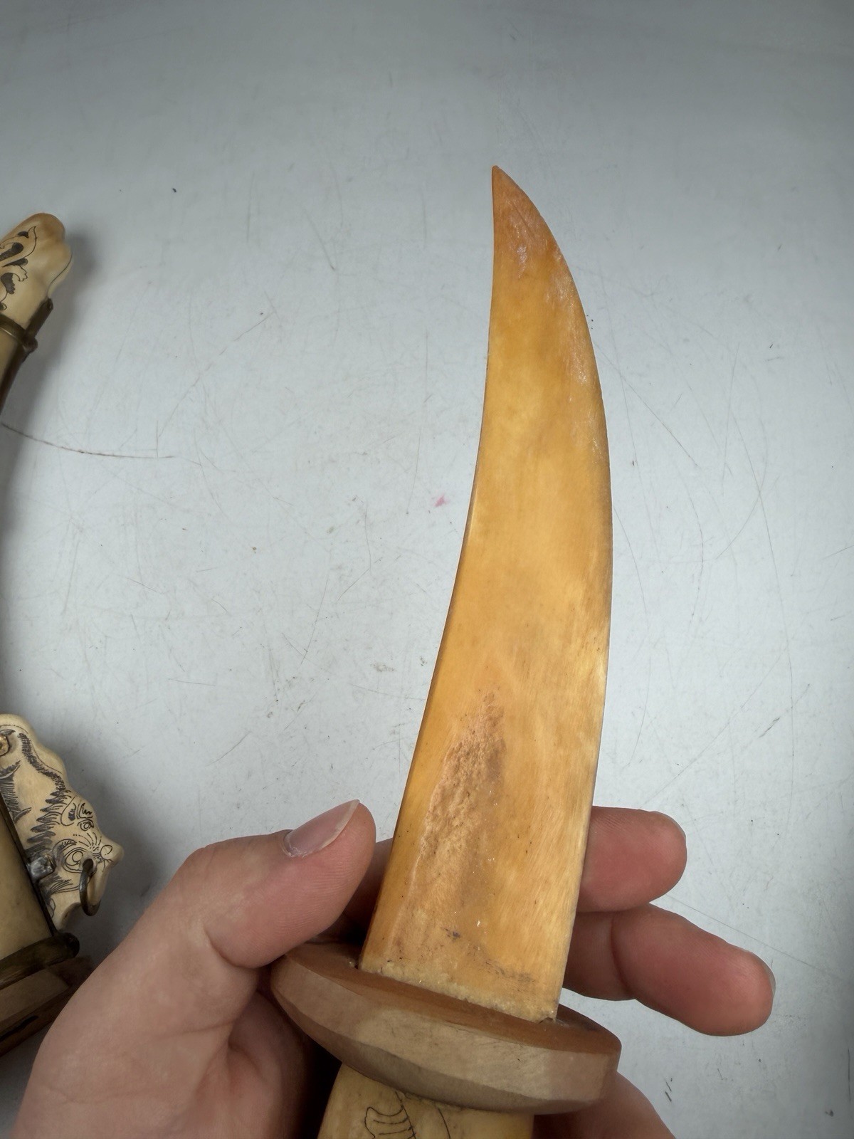 Antique Chinese Ceremonial Dagger Carved Bovine Bone Blade & Scabbard Vignettes