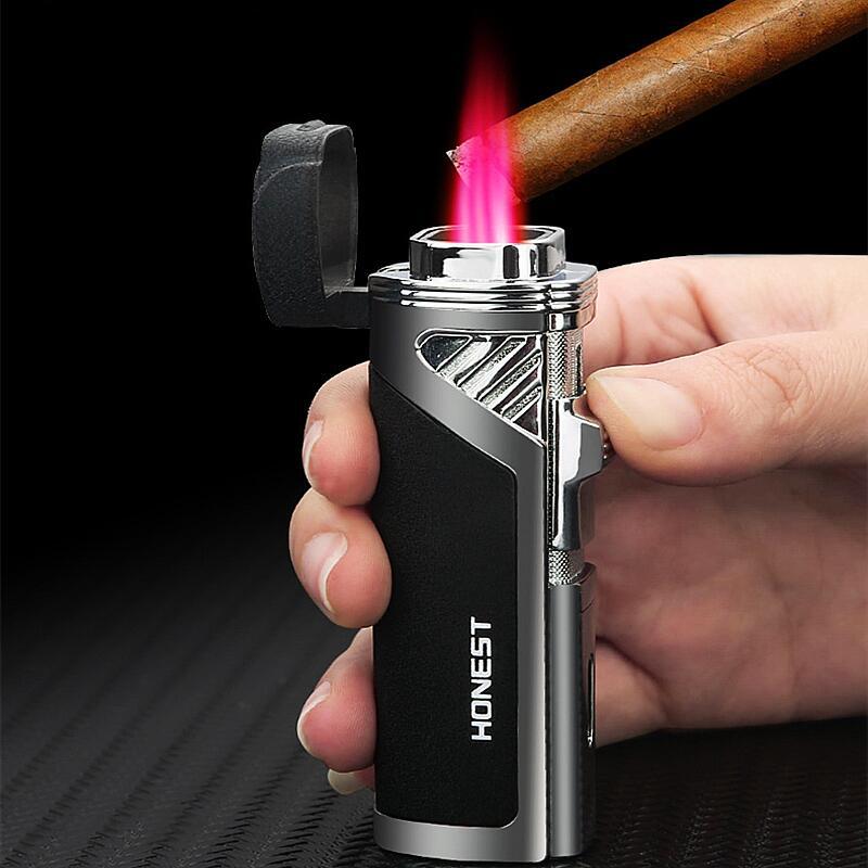 Torch Lighter Quad 4 Jet Red Flame Refillable Butane Cigar Lighter with Punch