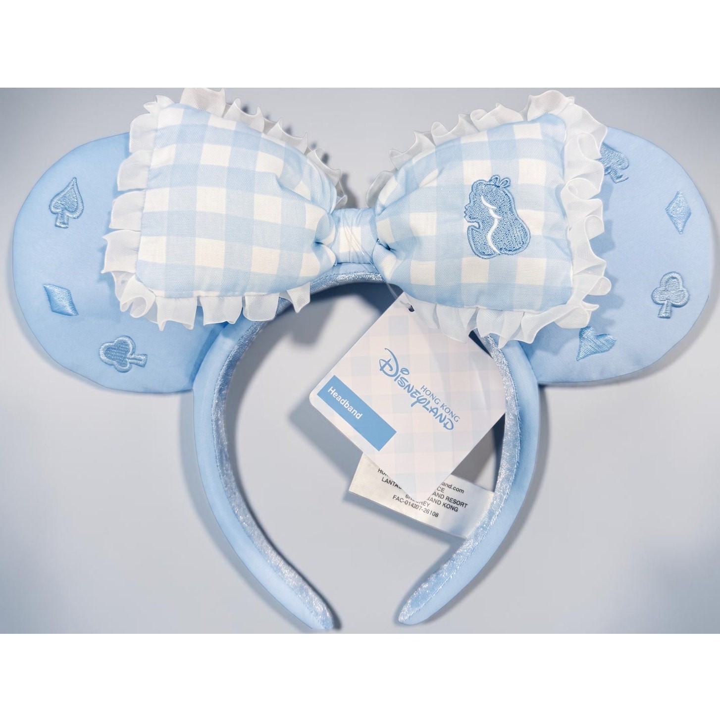 Disney Alice in Wonderland Ears Headband Disneyland Hong Kong Blue Gingham NWT