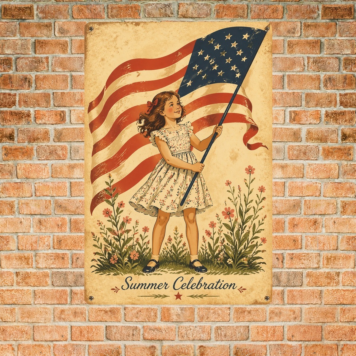 Patriotic Girl Waving Flag Tin Sign Vintage Style American Celebration Plaque