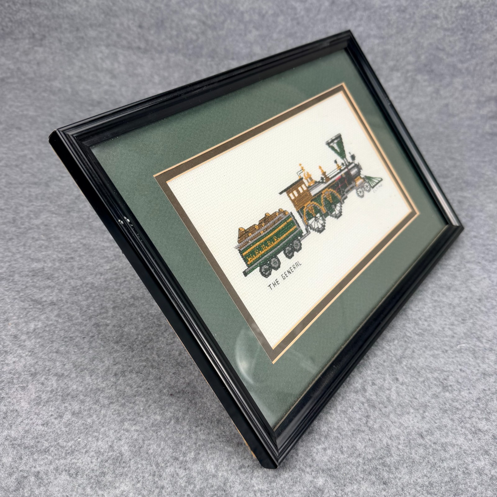Framed Cross Stitch Train “The General” Steam Locomotive Railroad Artwork 1993
