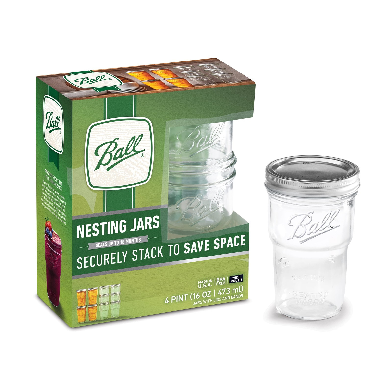 16 Oz Nesting Mason Jars 4-Pack, Wide Mouth Pint Canning Jars with Lids and Ring
