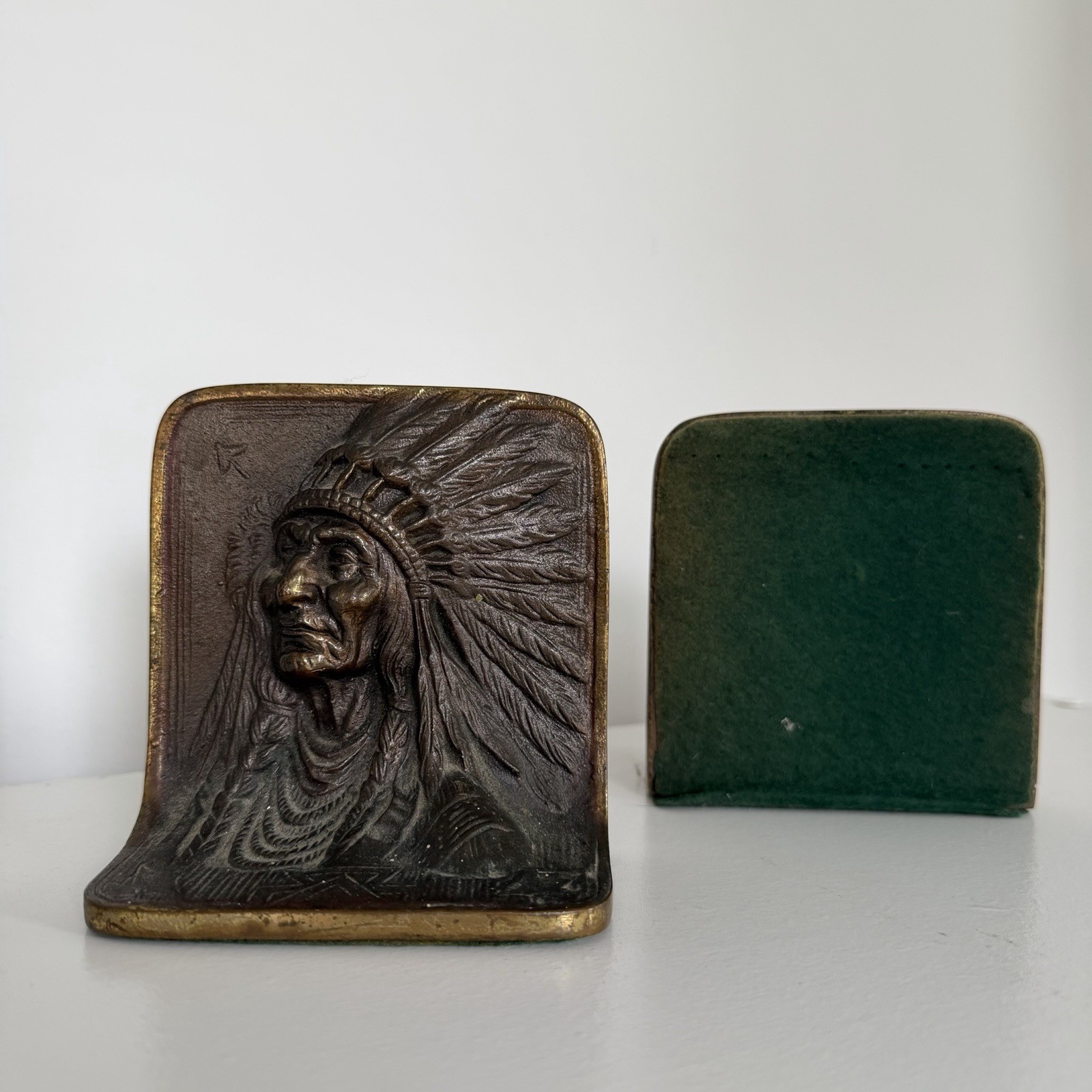 Vintage Native American Chief Bookends Heavy Solid Bronze Doorstop Monogram