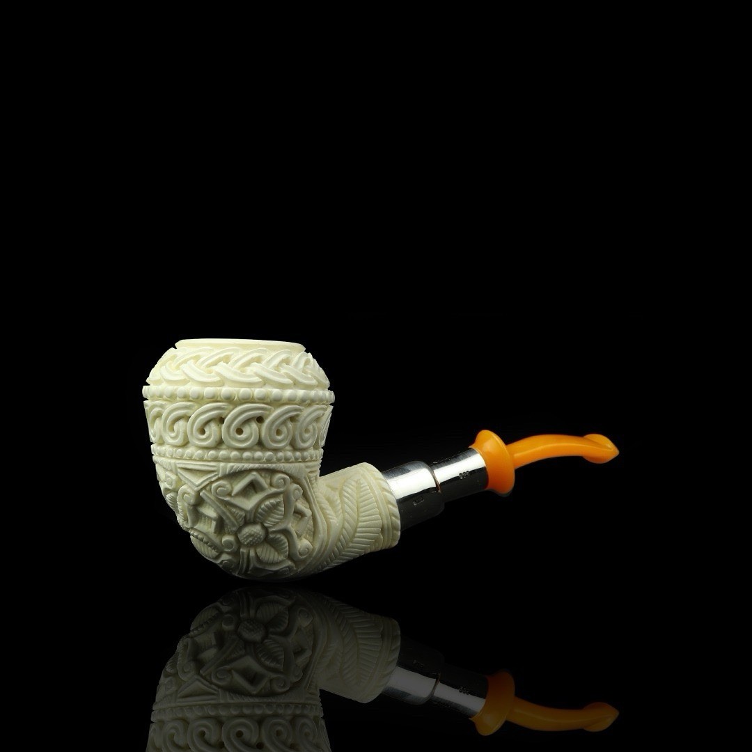 925 Silver Spigot Ornate Rhodesian Pipe New-block Meerschaum Handmade Case#1110