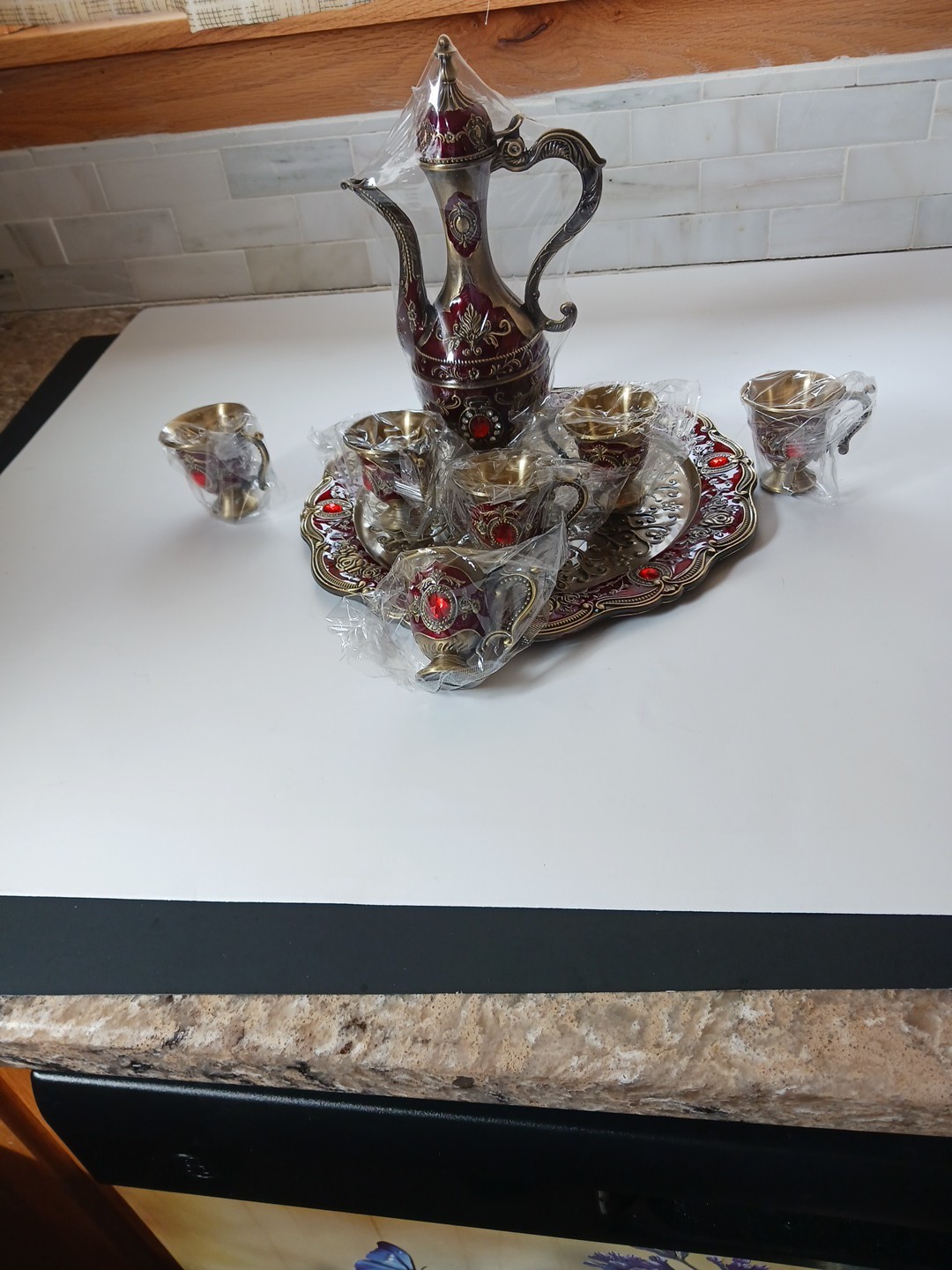 Metal Turkish Coffee/Tea Set Vintage Style with Decorative Pot, Tray, and 6 Cups