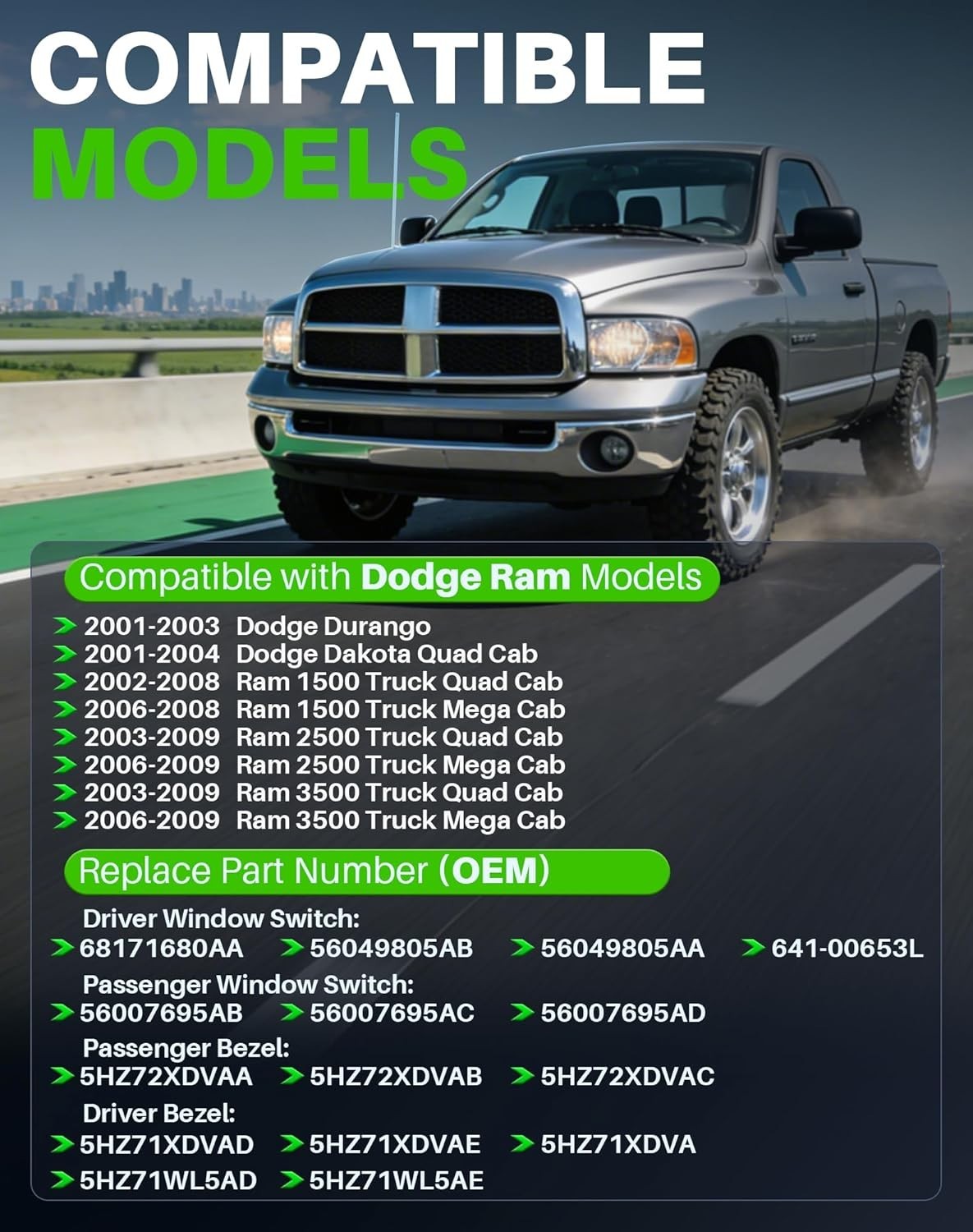 Power Window Switch with Bezel (Driver & Passenger Side) Fit for Dodge Ram 1500/