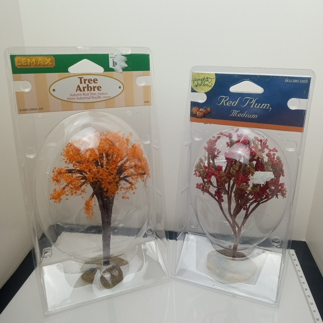2 Vtg Medium Christmas Village Fall Trees Autumn Rust Red Plum Lemax Pumpkin