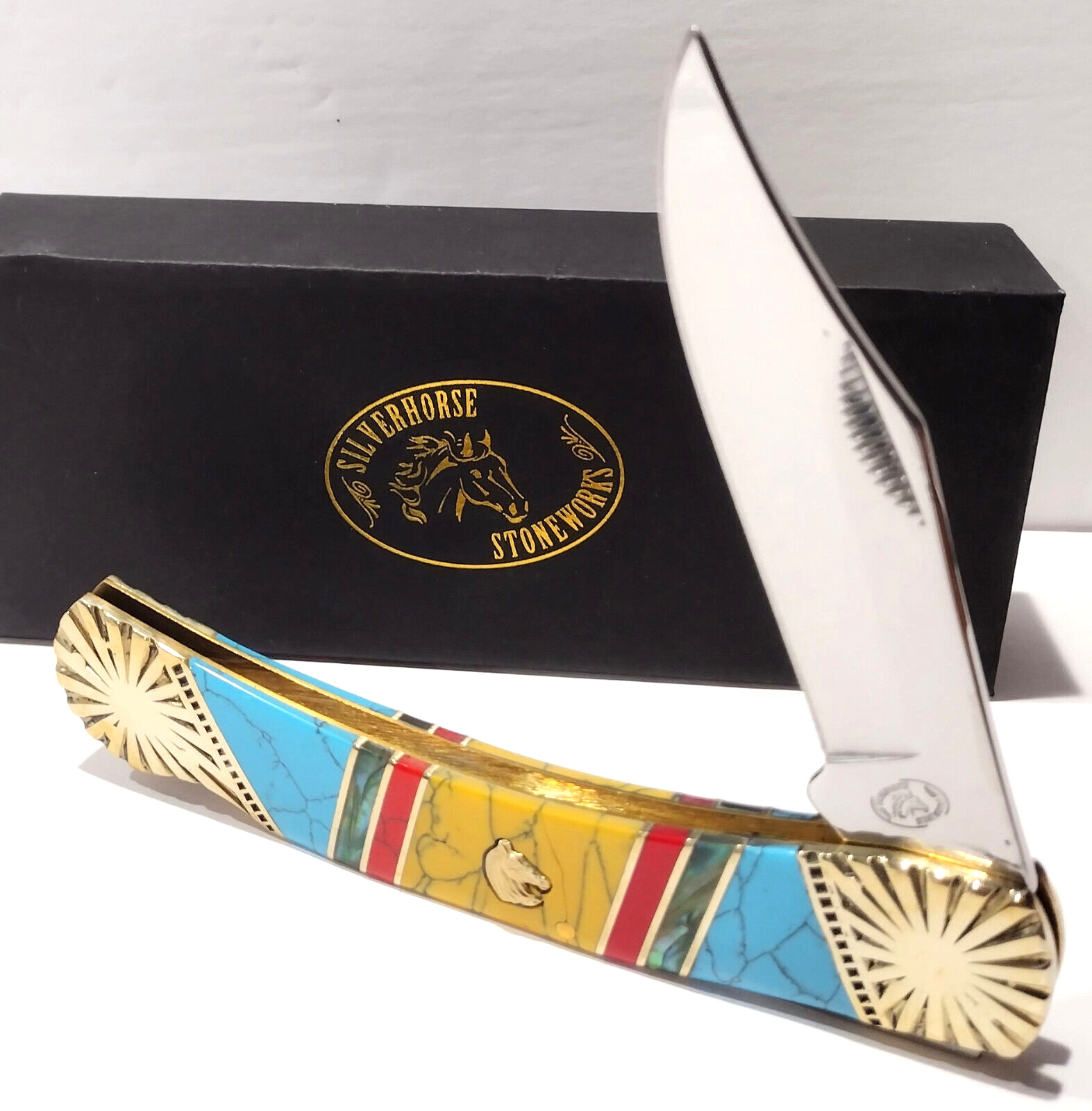 Frost Cutlery Genuine Blue Red Yellow Turquoise Abalone Folding Pocket Knife