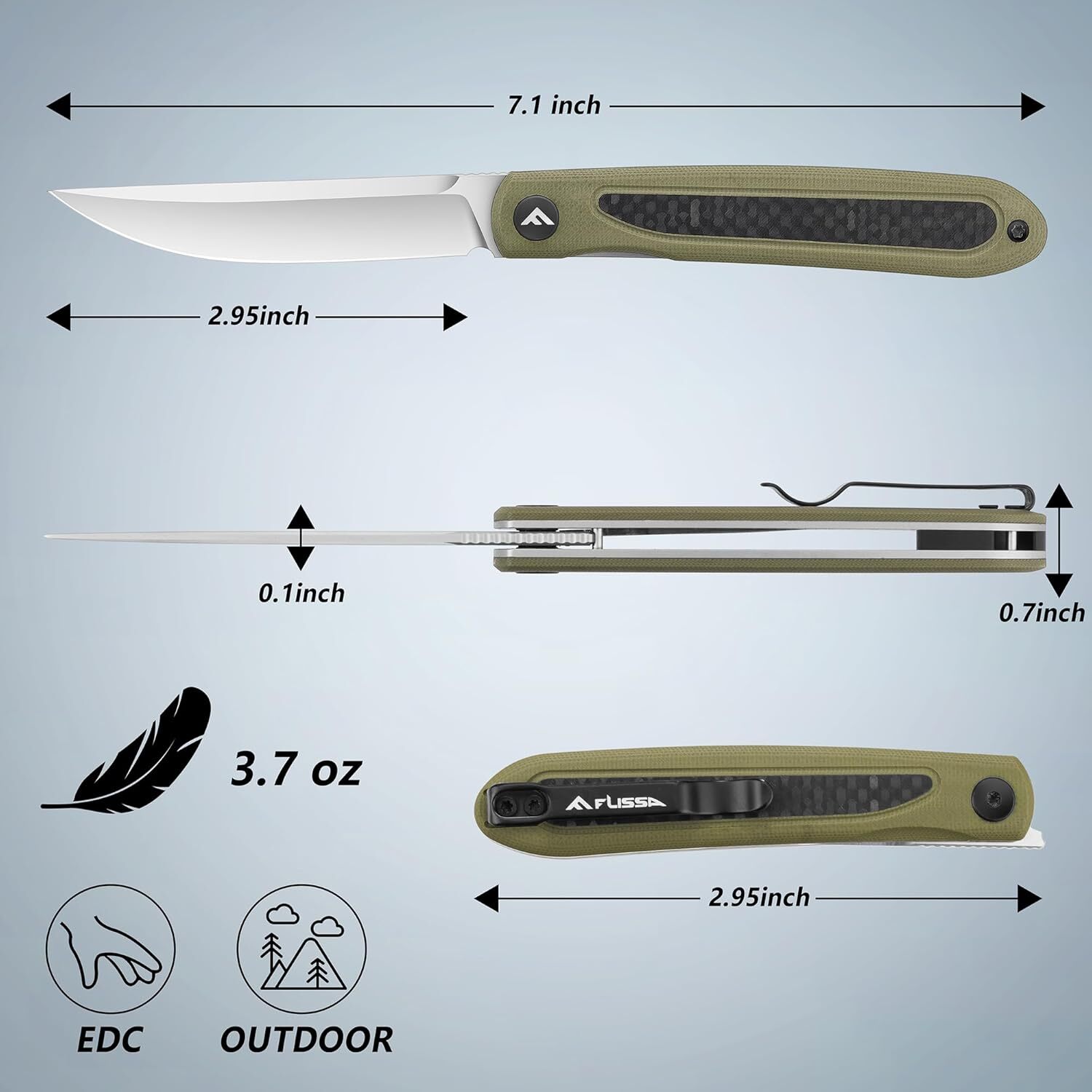 FLISSA Folding Pocket Knife D2 Blades Carbon Fiber-G10 Handle Front Flipper Open