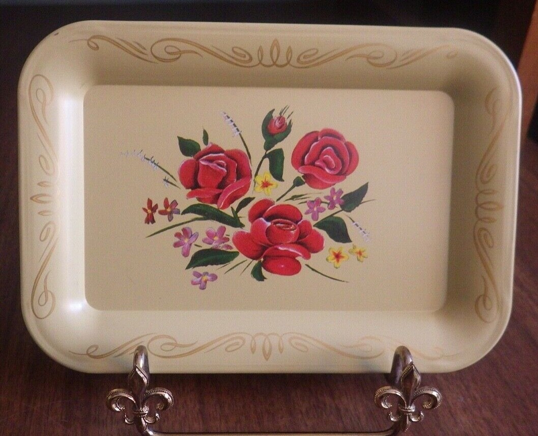 Vintage NOS Metal Floral Snack Tray 6.625″x4.625″ Floral Yellow Tole