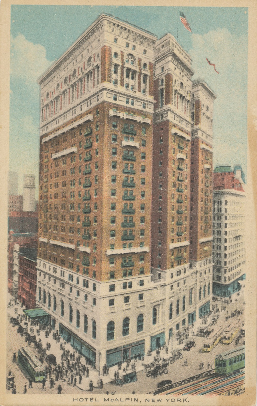NY NYC – Hotel McAlpin – Buses Vintage Automobiles Train People – postcard