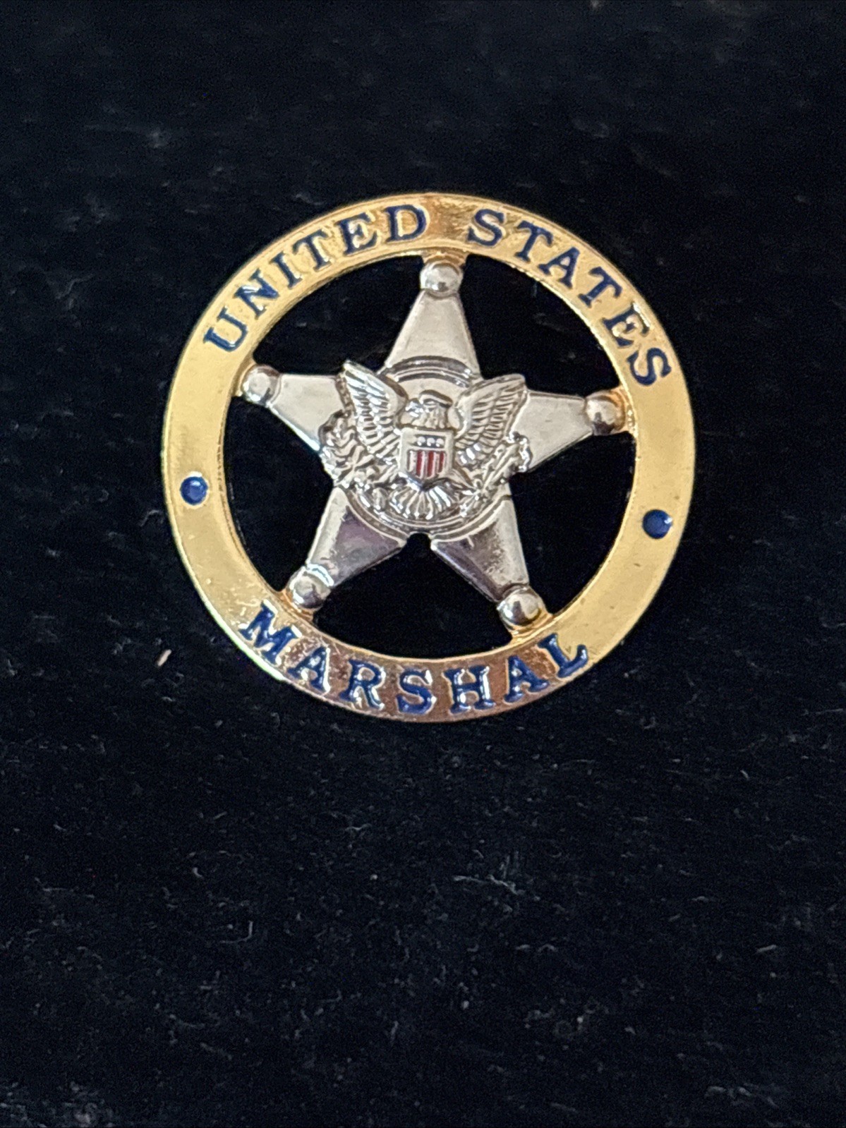 US Marshals Lapel Pin/ Hat Pin/ Tie Tack. Silver Star with Gold Trim