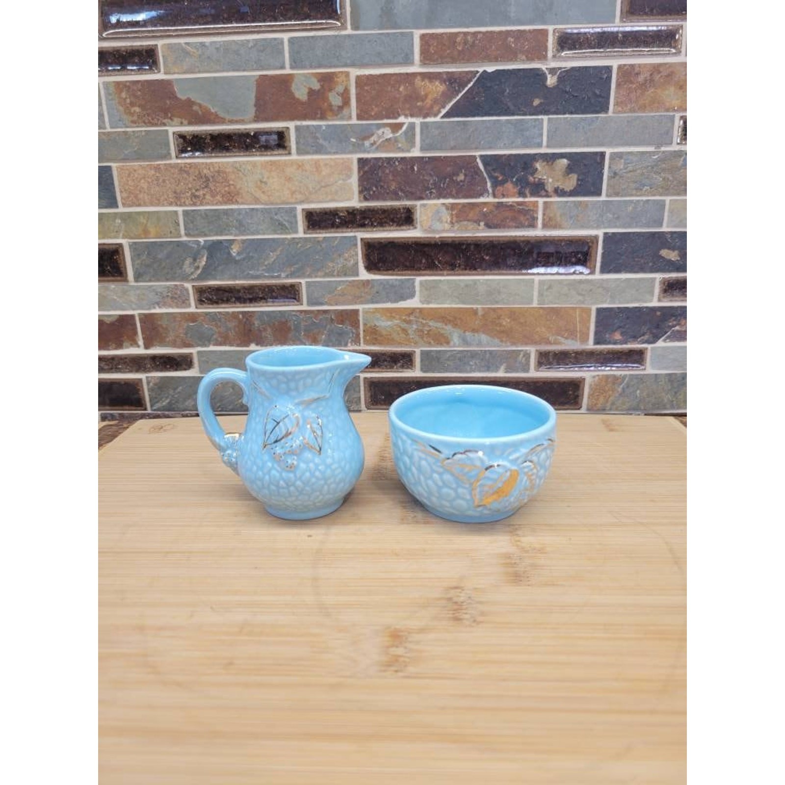 Vintage Wade Golden Turquoise Bramble Creamer and Sugar Bowl Set Blue Gold Decor