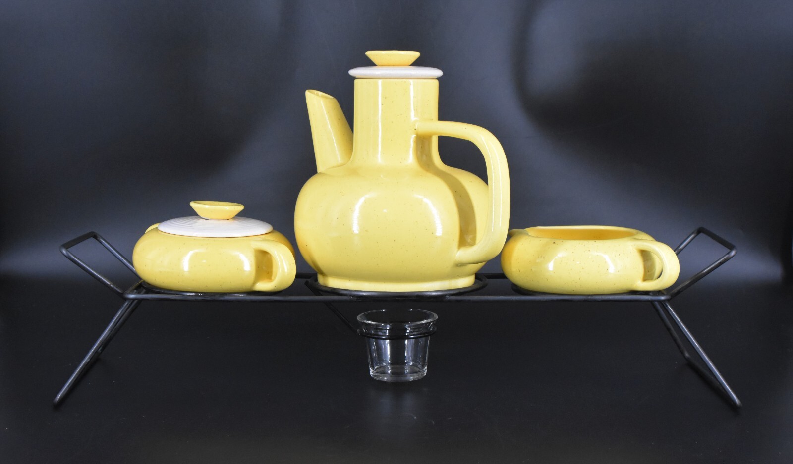Vintage Retro Yellow Ceramic Coffee Tea Set w/Caddy Speckled Glaze 7 Pieces