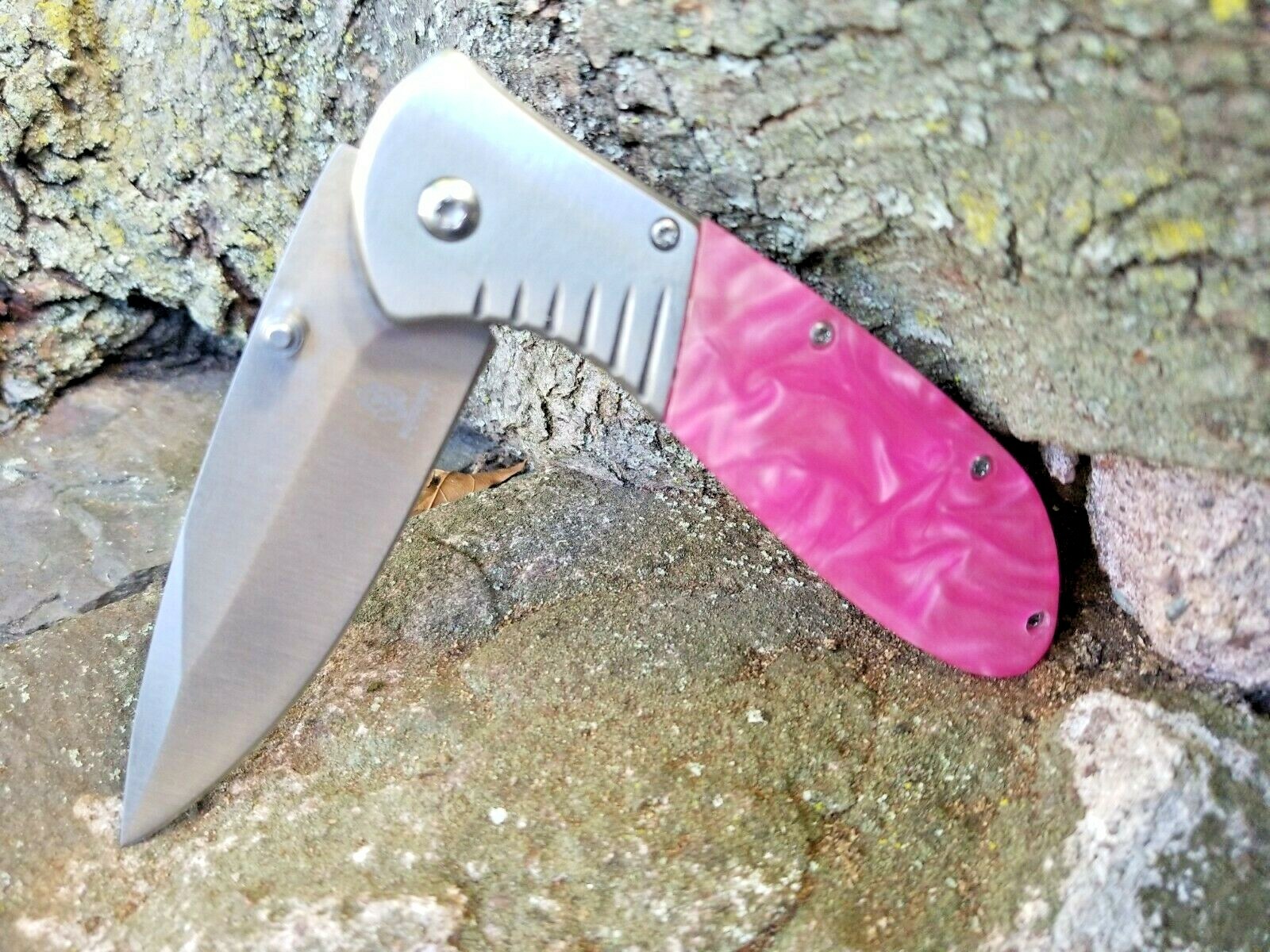 💖 Womens Silver Pink Swirl Thumb Stud Pocket Knife Girls Ladies EDC 3CR13