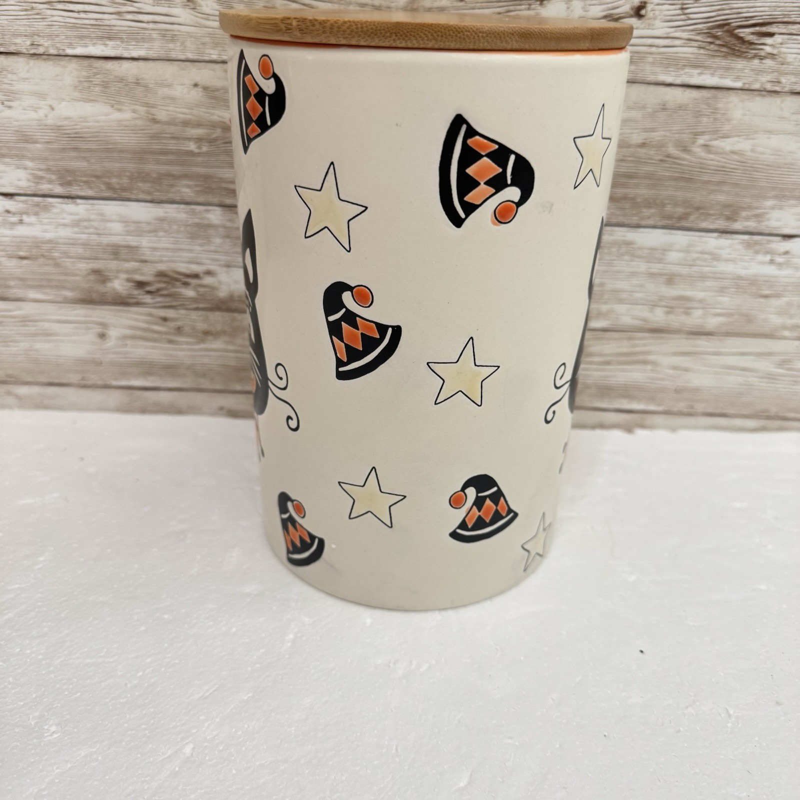 ELI & ANA VINTAGE STYLE HALLOWEEN CANISTER/COOKIE JAR w/BLACK CAT STARS NEW