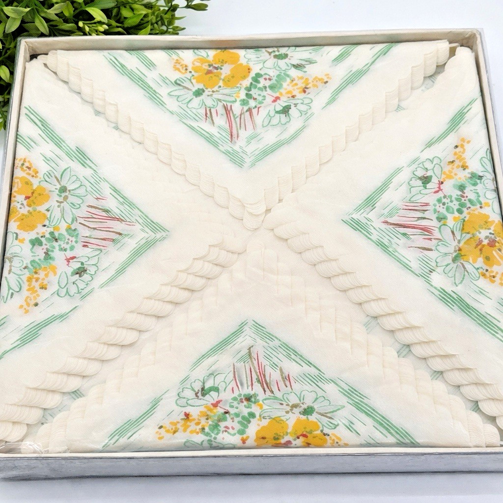 Vintage Paper Napkins NOS Boxed Scalloped Edge Floral Green Yellow Cottagecore