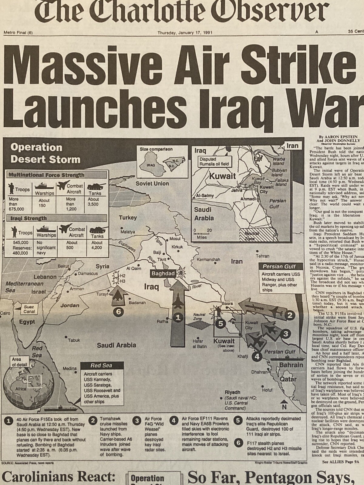 Gulf War Operation Desert Storm Begins Full Newspaper w Headline January 17 1991