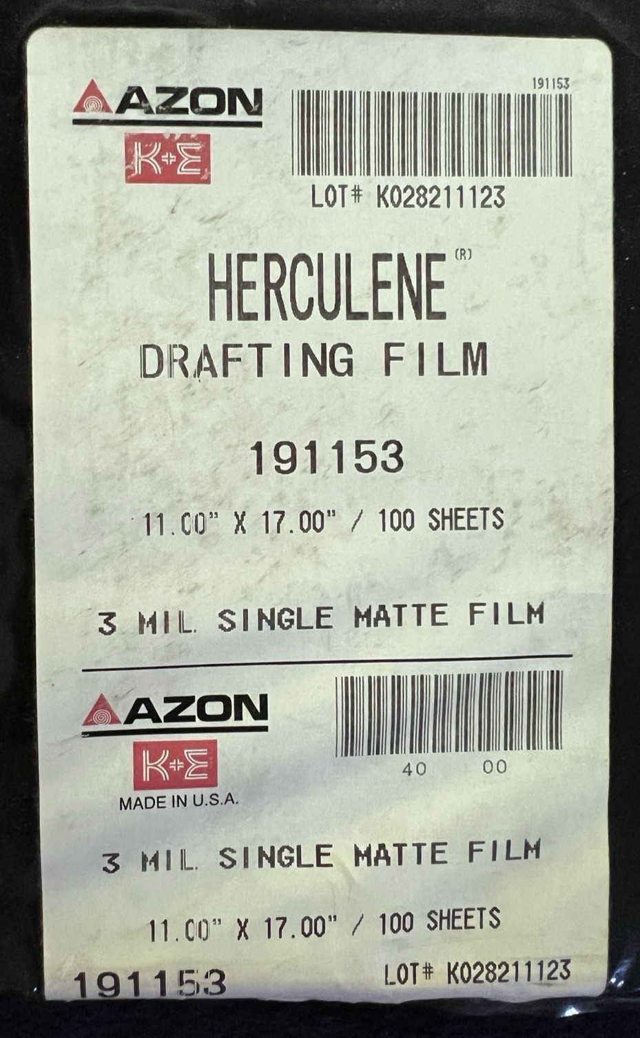 2 Packs K&E Azon Herculene Drafting Film 191153 3 Mil Single Matte Sheets Open