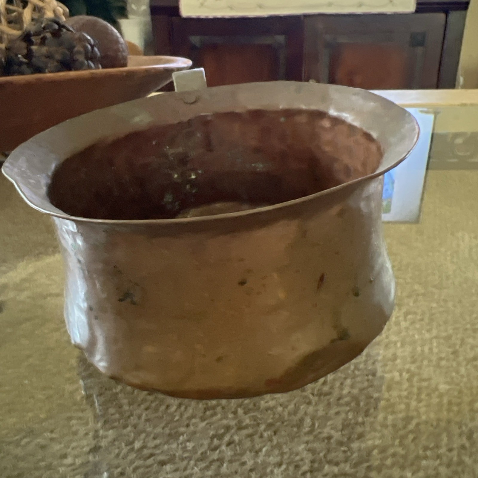 Antique Copper Metal Soup Pot Hammered Handle Handmade Primitive Farmhouse READ