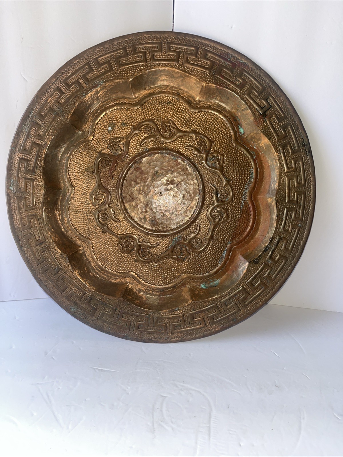 Vintage Copper Serving Tray GREEK KEY Hammered 3.5 Pounds Nice Patina 15.5”