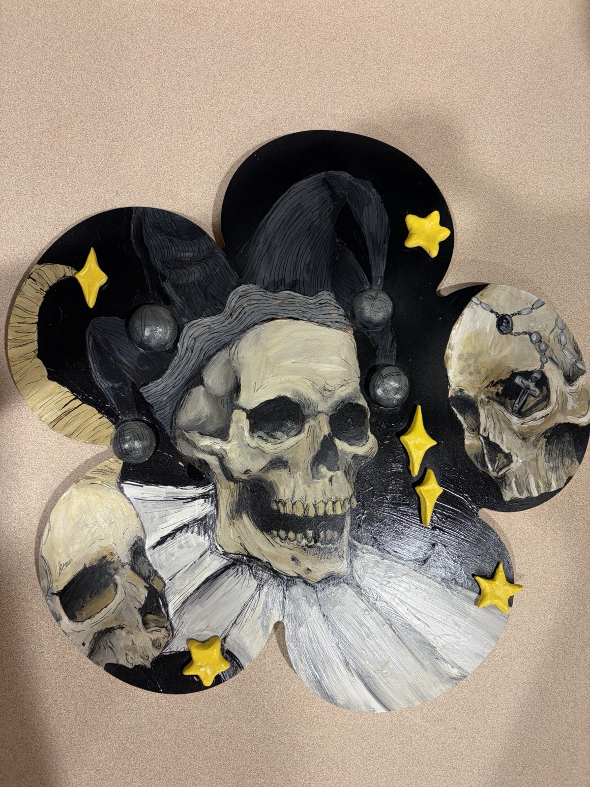 Handmade Hand-Painted 3D Halloween Skull Jester Clover Wood Wall Decor