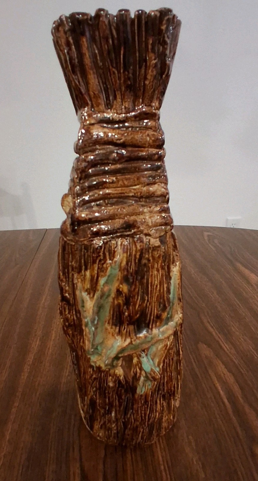 Brutalist sheaf Of wheat Vase Art Pottery W/ grasshopper Locust 11″ Stamped AS