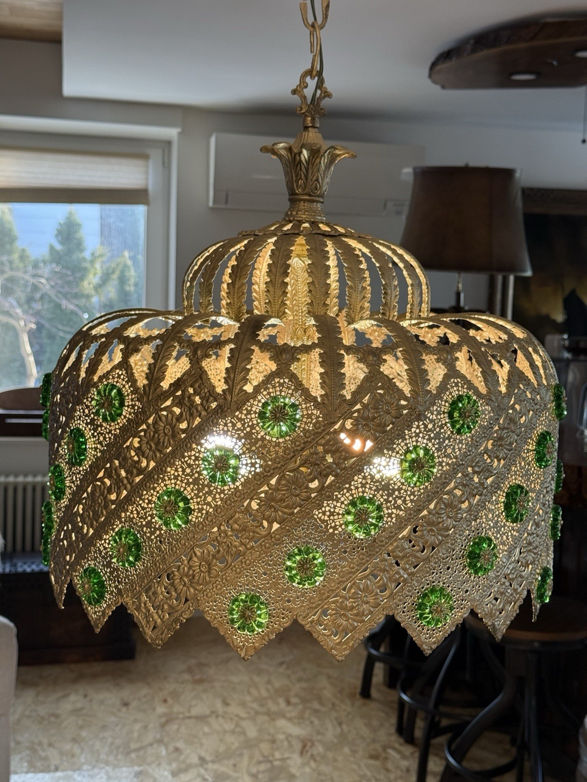 Vintage Brass Light Hanging LampCrystals Hollywood Regency