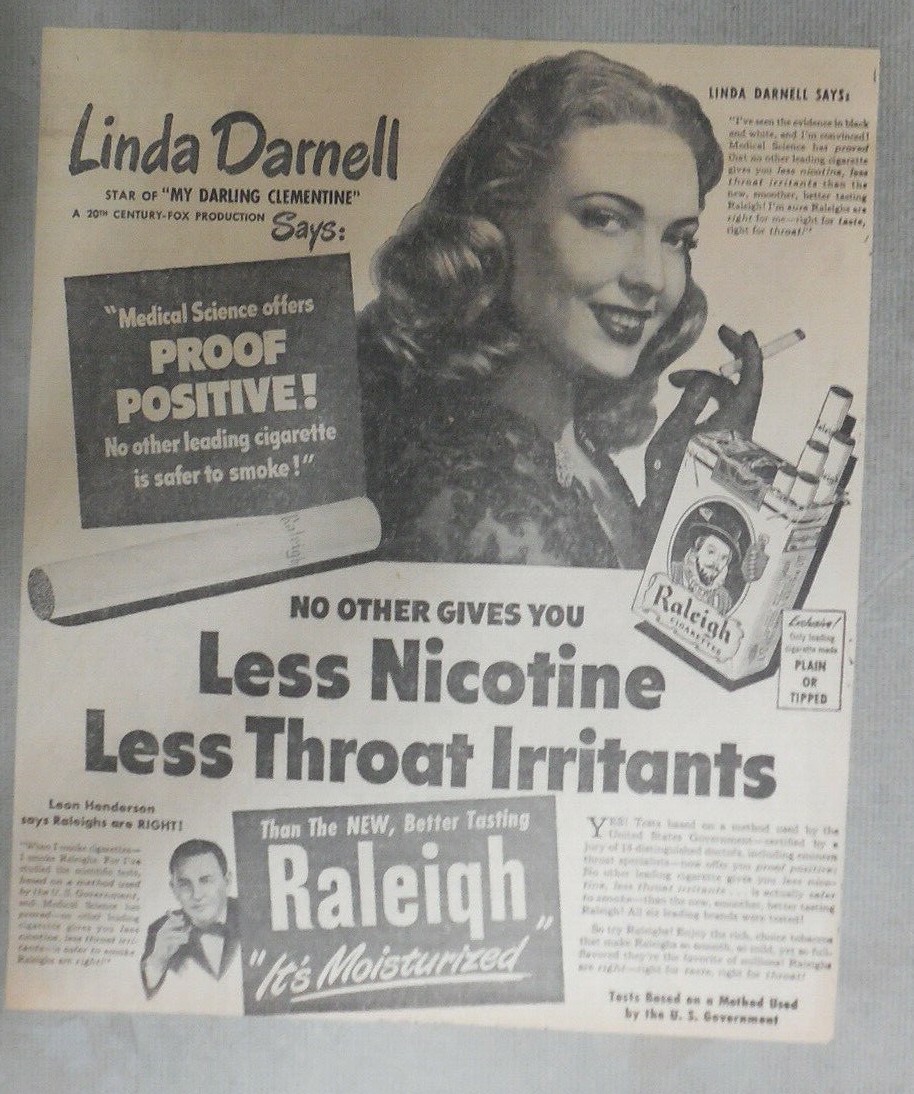 Raleigh Cigarettes Ad: Actress Linda Darnell from 1946 Size: 10 x 12 inches