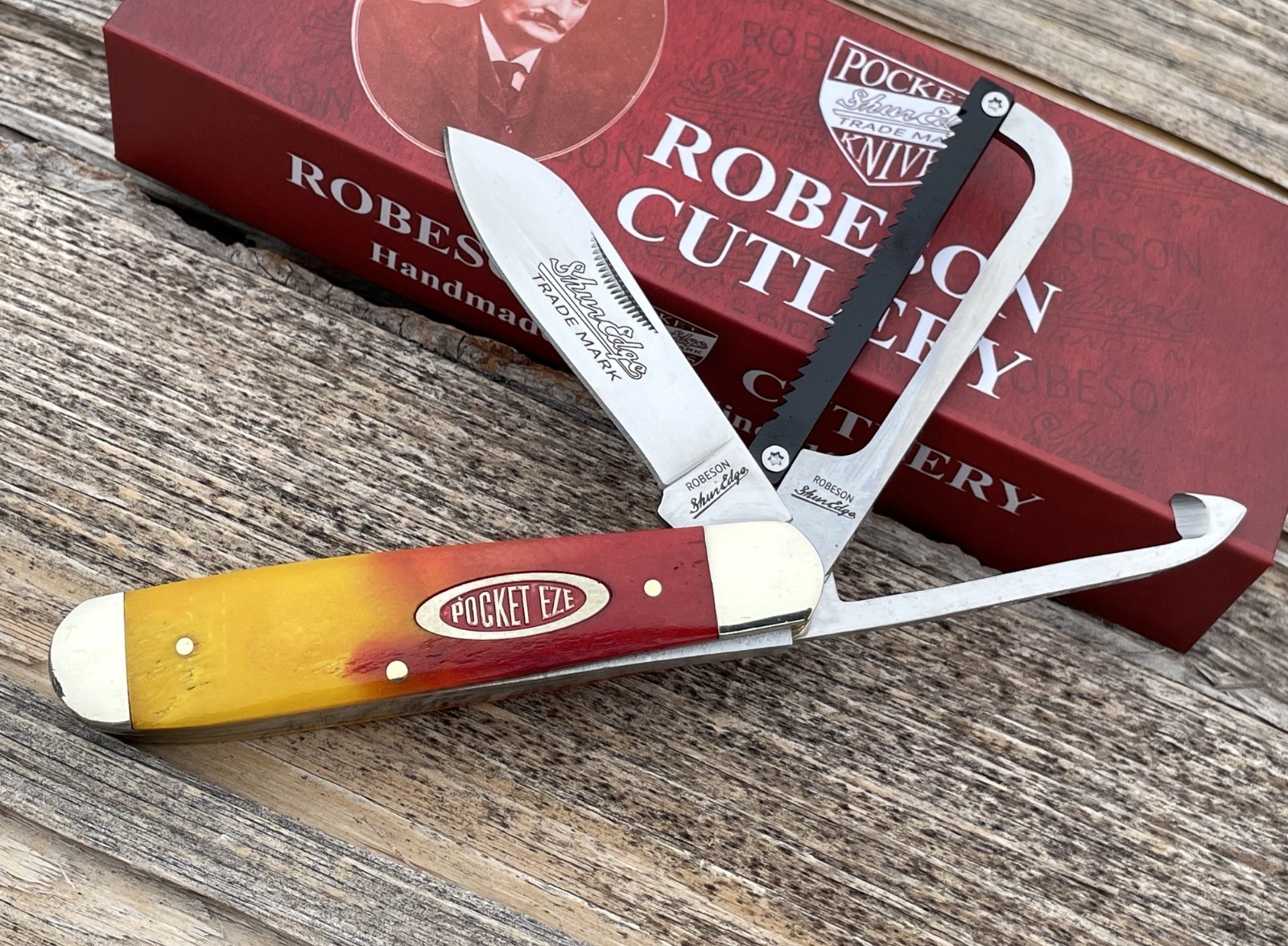 ROBESON CUTLERY *a NATURAL GAME COCK RED/ YELLOW POCKET EZE SHIELD ROOSTER KNIFE