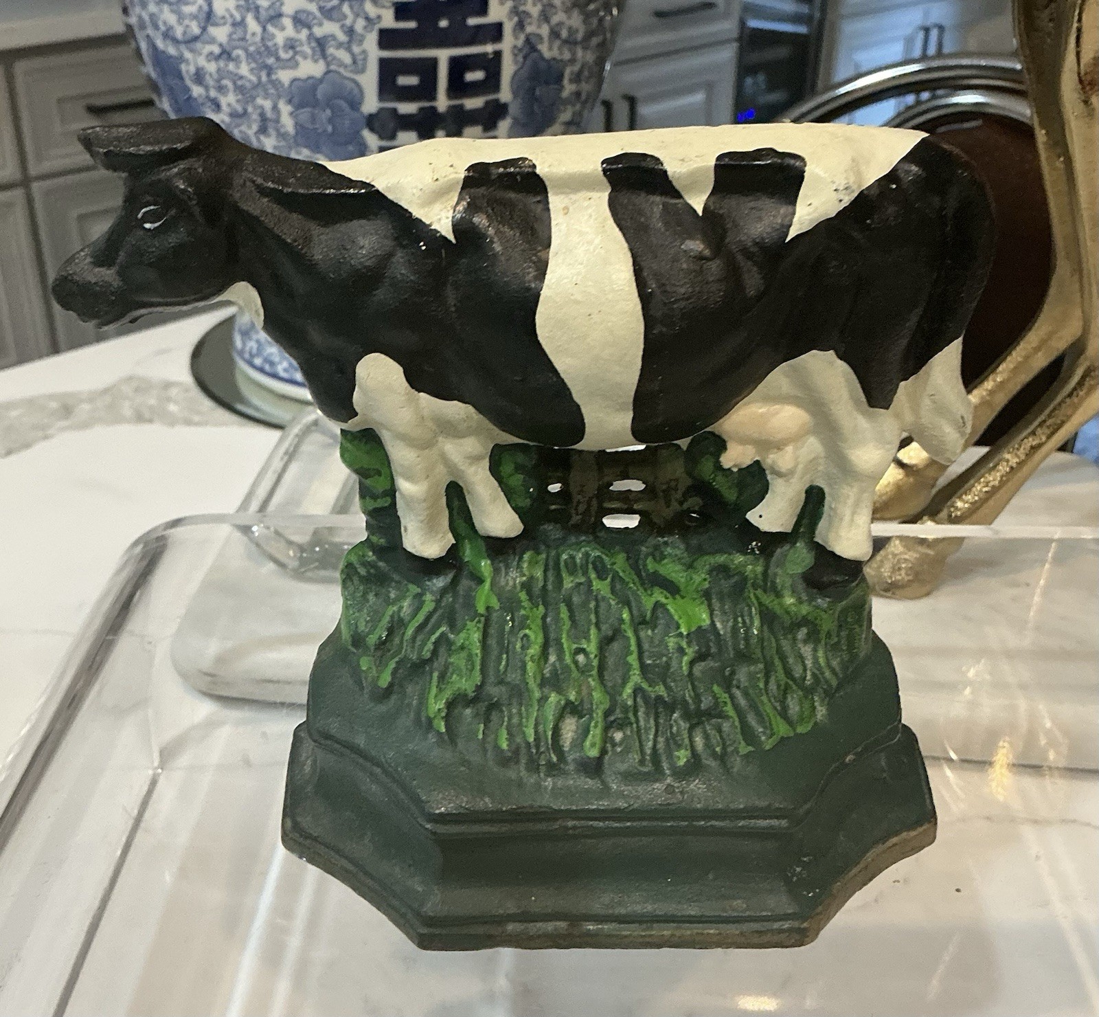 Vintage FARMHOUSE Cottage Cast Iron Cow Door Stop Rustic Primitive 5” Tall