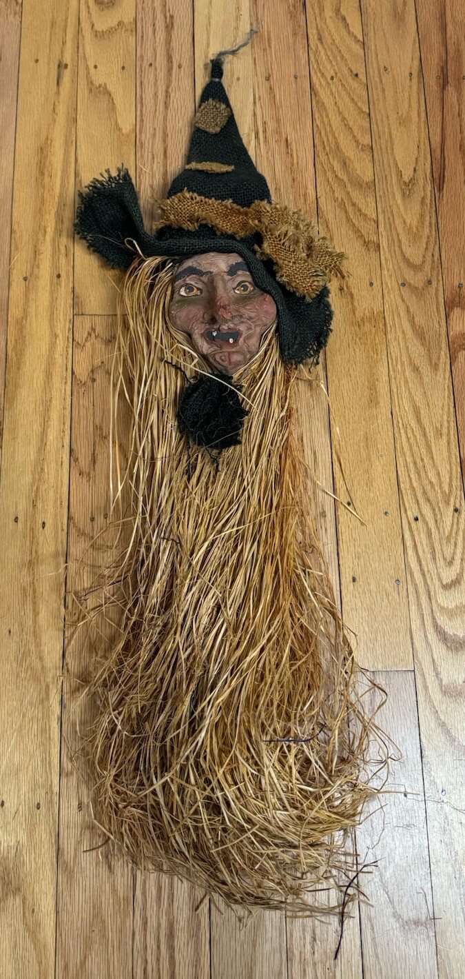 VTG 27” Hanging Halloween Paper Mache Straw Burlap Witch Folk Art Decoration