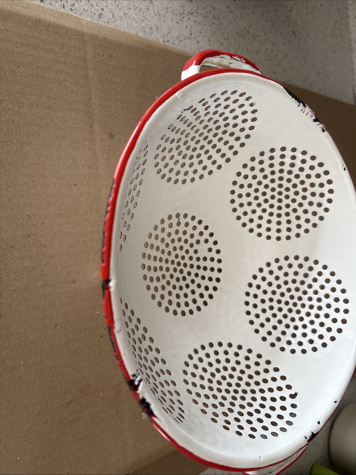Vintage White Enamel Metal Colander Strainer Red Rim Handles Farmhouse Decor