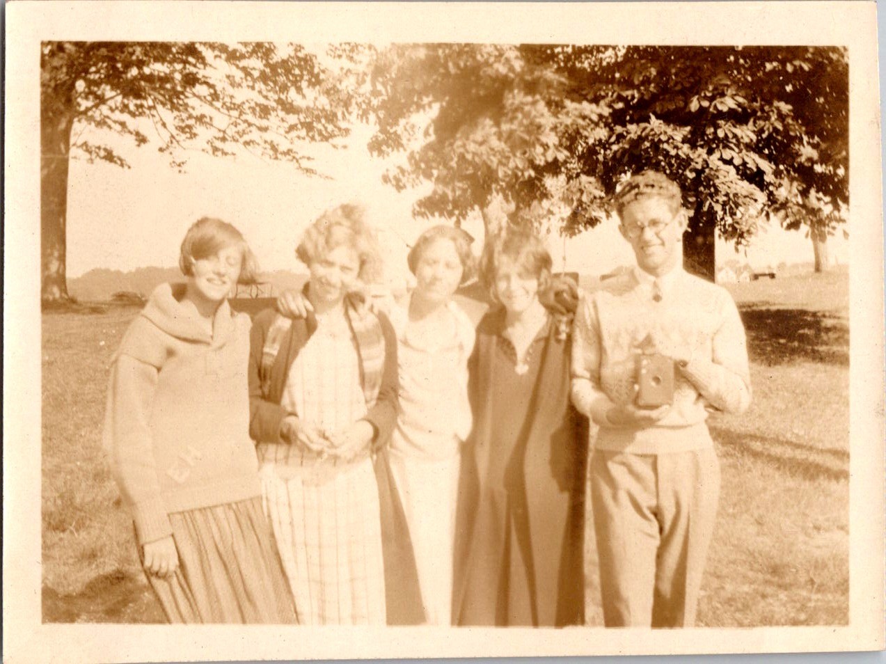Vintage 1920s Snapshot Photograph Group of Young People Man with Camera Sepia