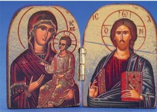 Jesus Pantocrator & Mary the Healer Wood Triptych 2.75″ x 2″, Made in Greece