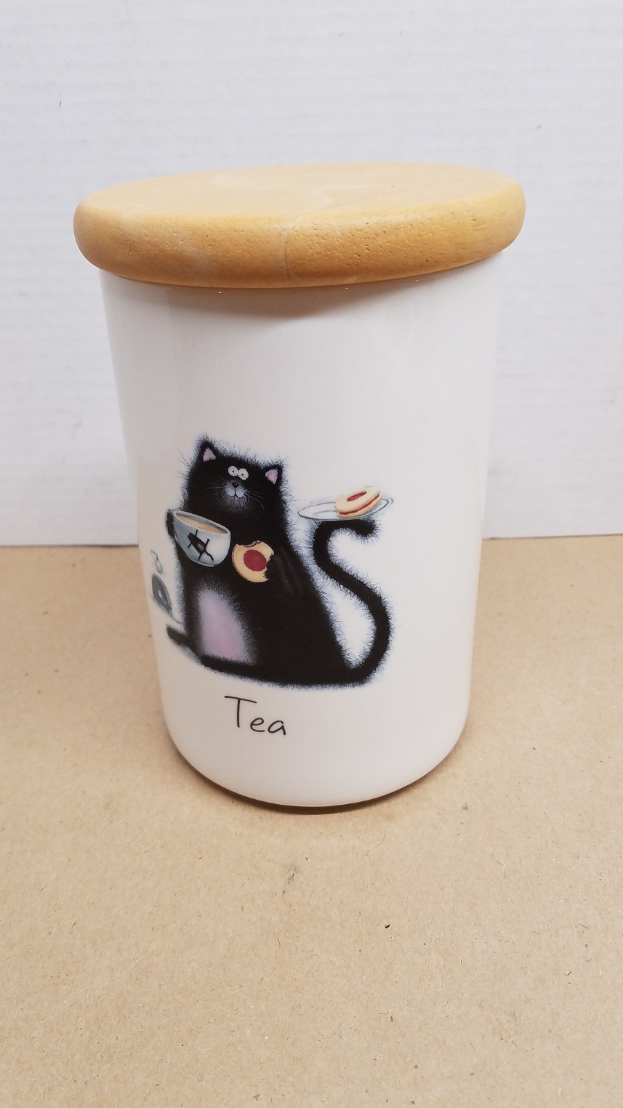 Portmeirion Ron Scotton “SPLAT” Ceramic Tea Canister Wood Lid Cat Cup & Biscuit