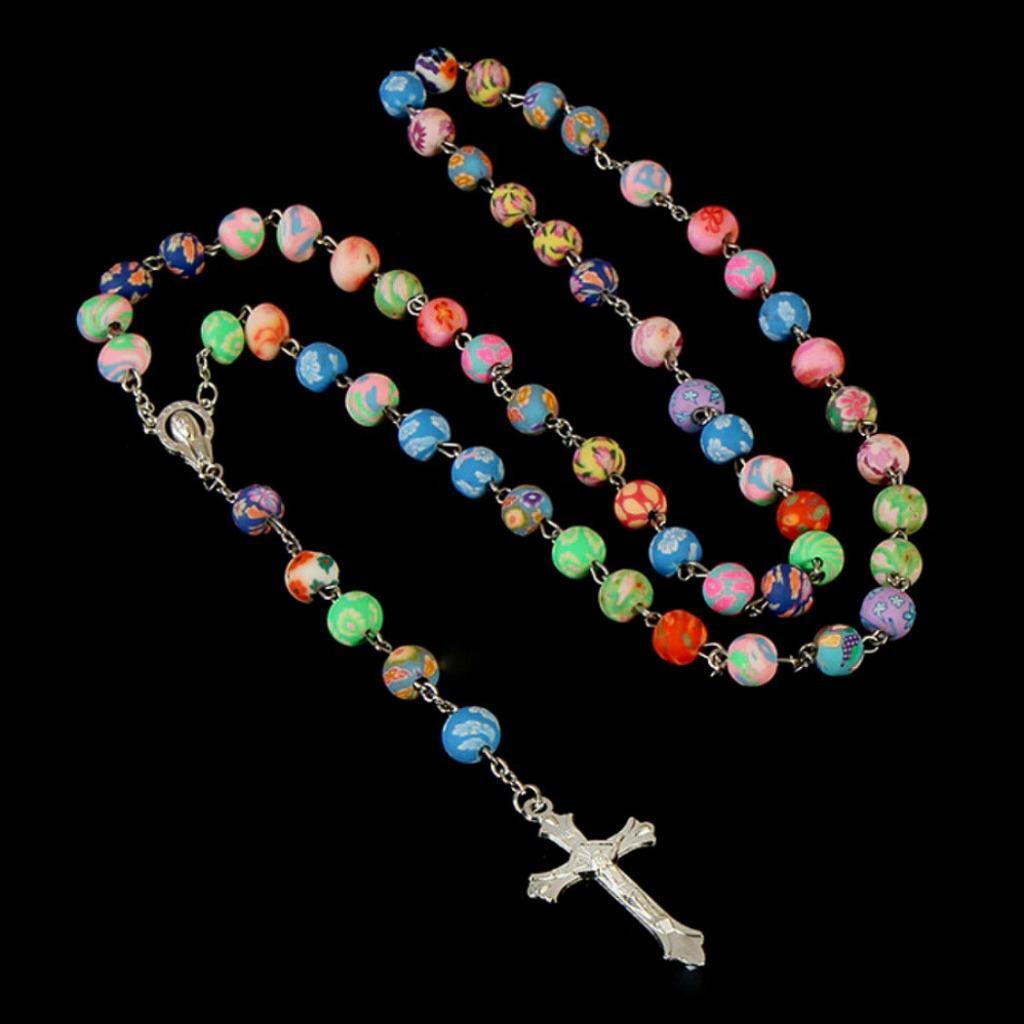 COLORFUL ROSARY 30″ Necklace 6″ Drop 8mm Fimo Clay Prayer Bead Crucifix Catholic