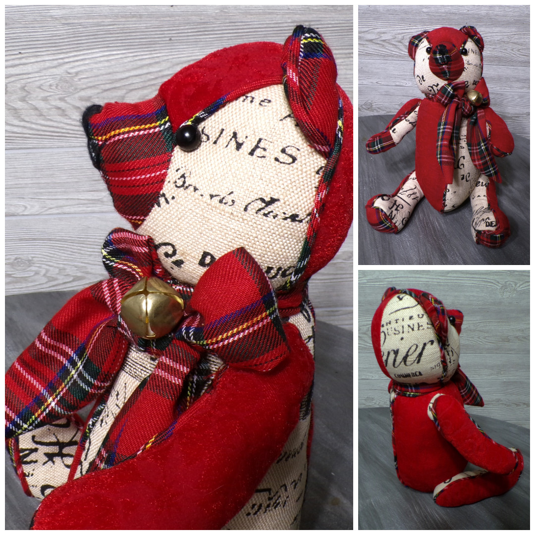 Vtg Christmas Teddy Bear Plush Red Velvet Canvas Print Sleigh Bell Plaid Bow 12″