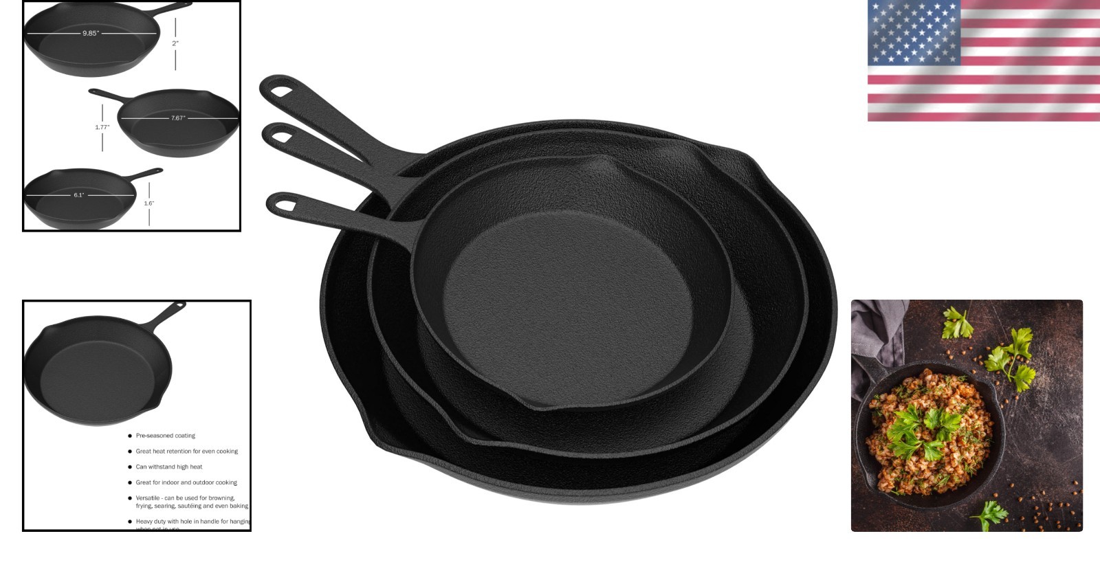 Essential Set of 3 Cast Iron Nonstick Skillets – Perfect for Grilling & Camping