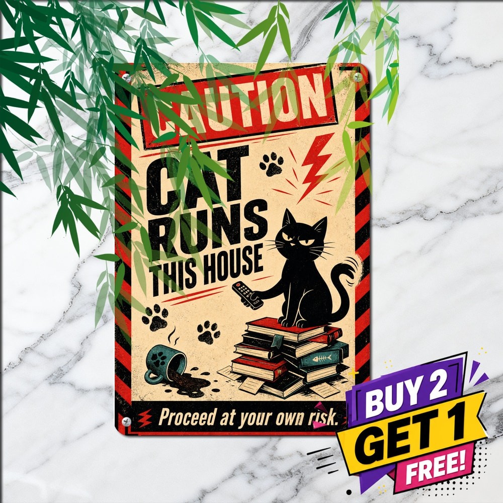 Rustic Cat Has Gun Sign Novelty Guard Animal Metal Decor Plaque 8×12