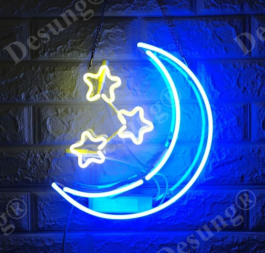 New Moon Stars Neon Light Sign 14″ Lamp Beer Pub Acrylic Real Glass