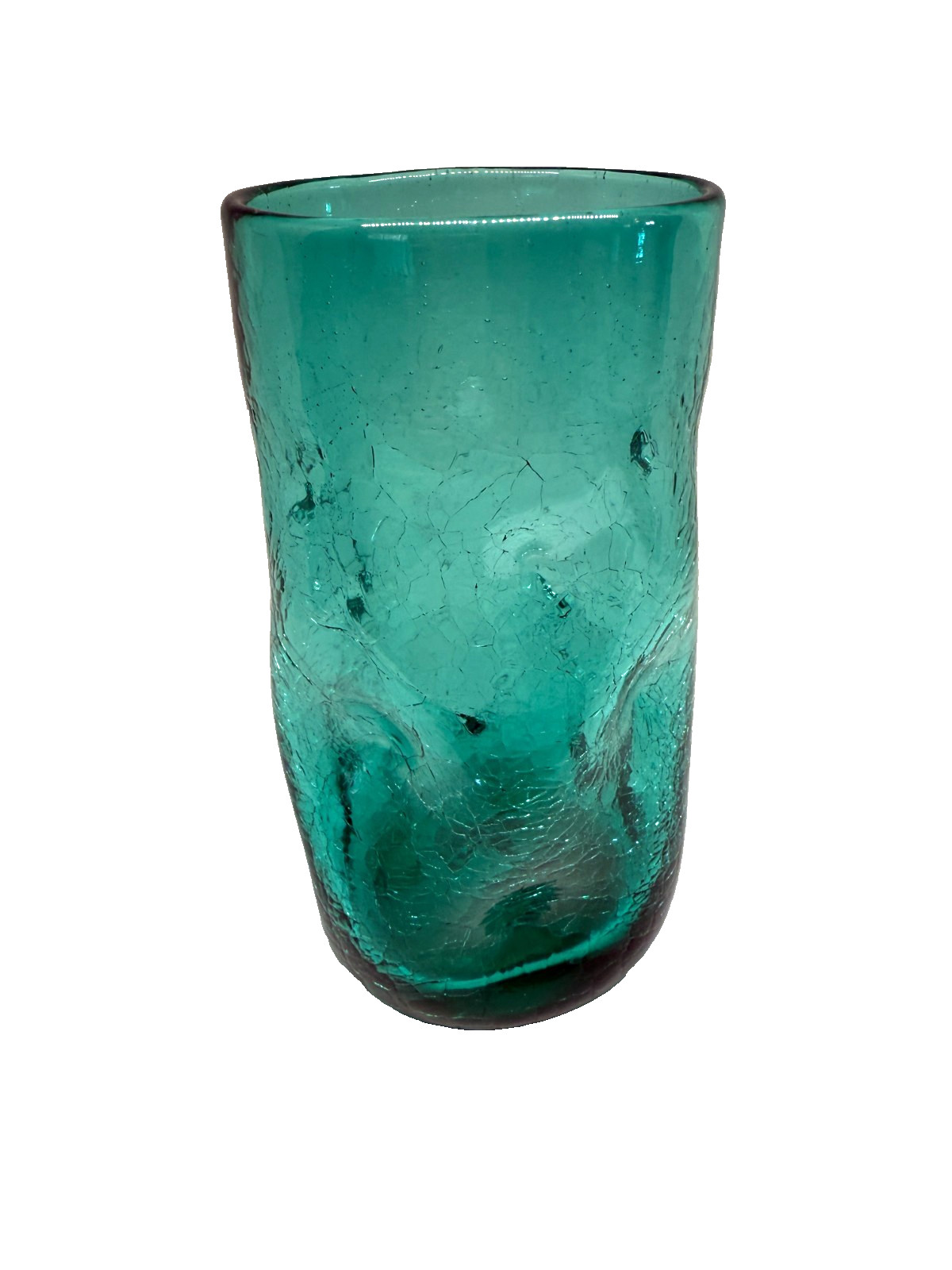 Hand Blown Crackle Turquoise Glass Tumbler Pinched Dimpled Glass Vintage 16 Oz.
