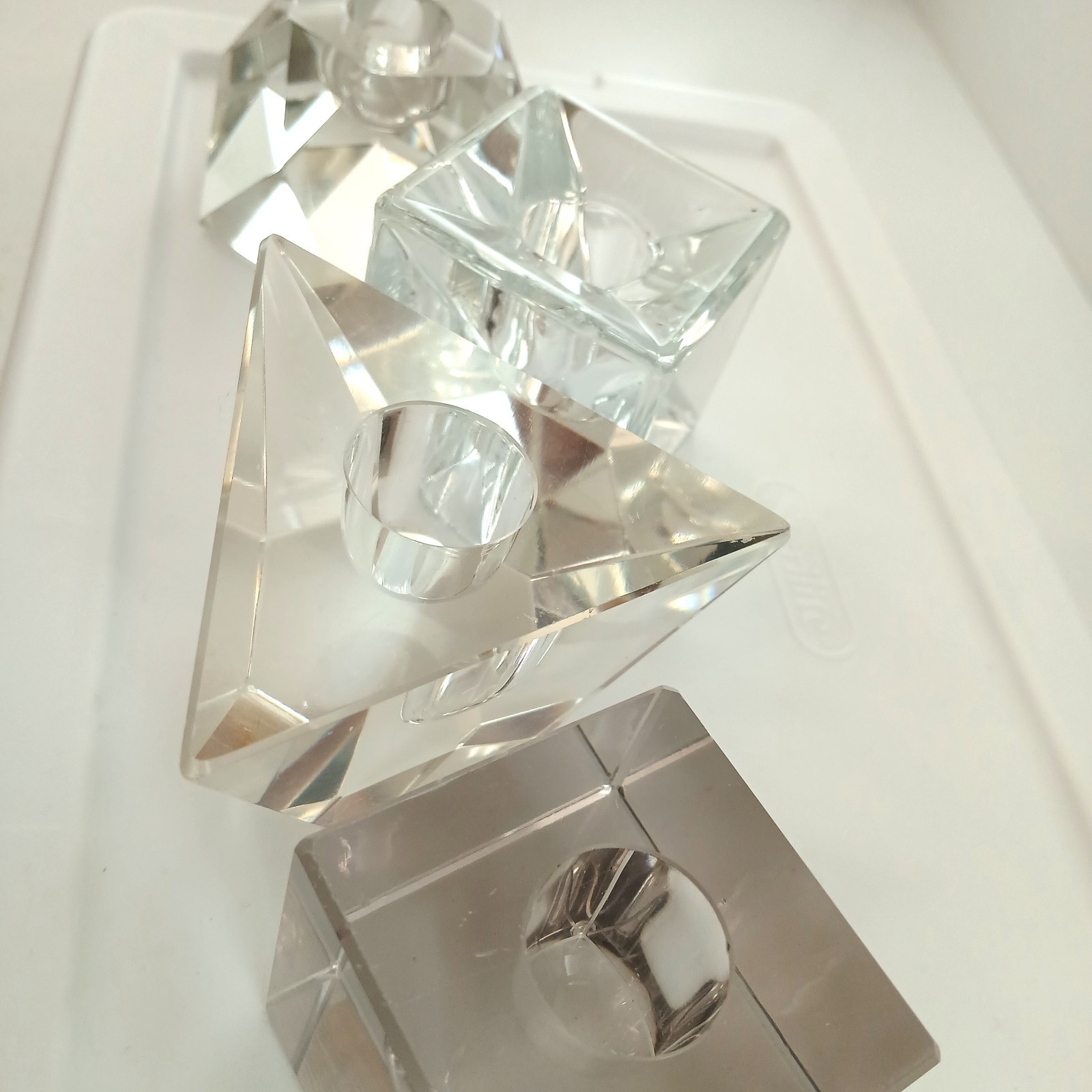 Lot of 4 Geometric Clear Glass Taper Candle Holders Modern Minimalist Decor