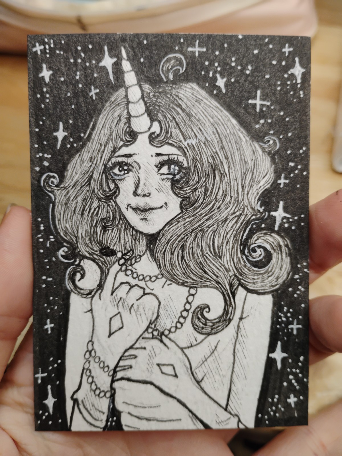 ACEO Original 2.5×3.5 Cute Unicorn Mystic Woman Artist Trading Card Collectible