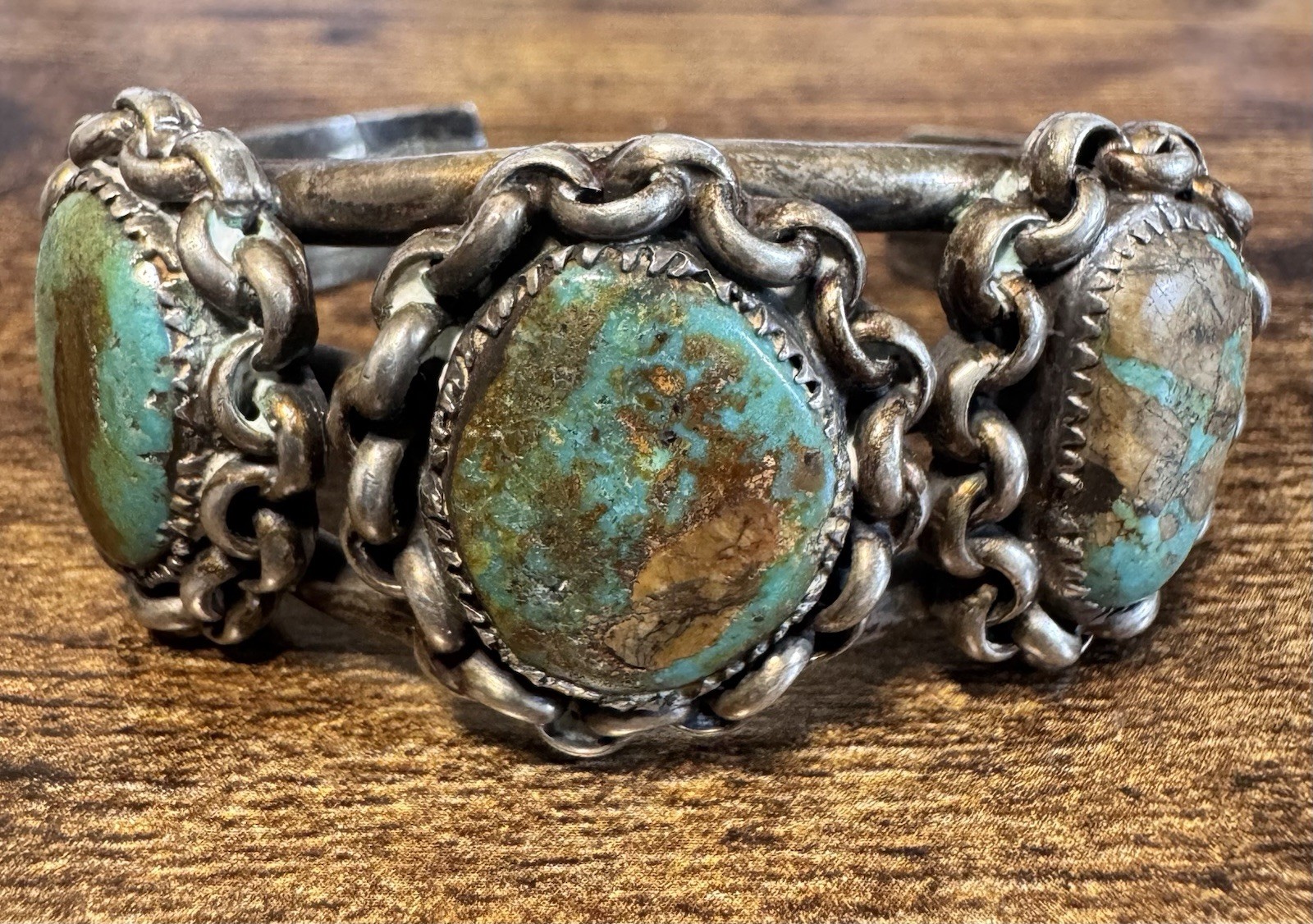 Coin Silver and Turquoise Cuff Bracelet – Early Vintage Southwestern – 1920s-40s